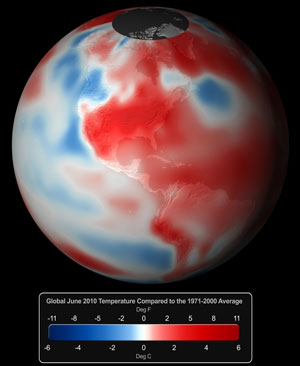 The  global average combined land and ocean surface temperature for the month of  June 2010 was the warmest on record.
