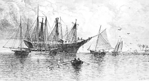 Drawing of wreckers with grounded vessel.