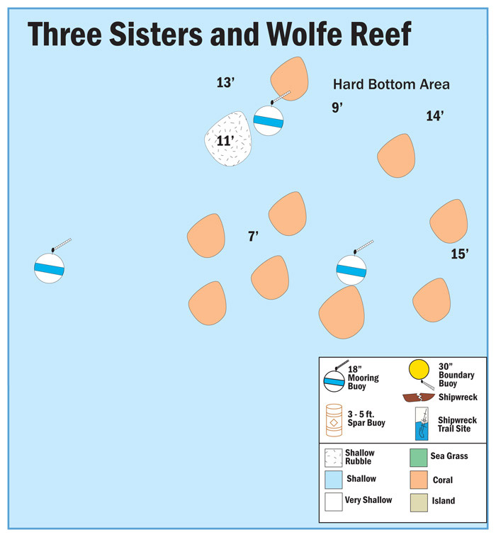 Map of Buoys at Three Sisters and Wolfe Reef