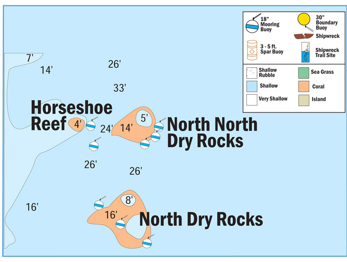 Map of Buoys at Horseshoe Reef, North Dry Rocks, and North North Dry Rocks
