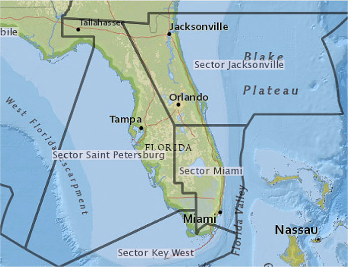 map of florida with u.s. coast guard boundaries overlayed