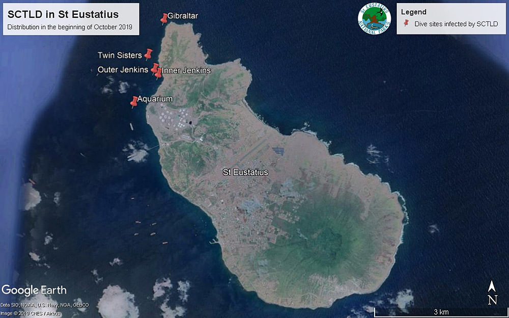 map showing the location of stony coral tissue loss disease in St. Eustatius