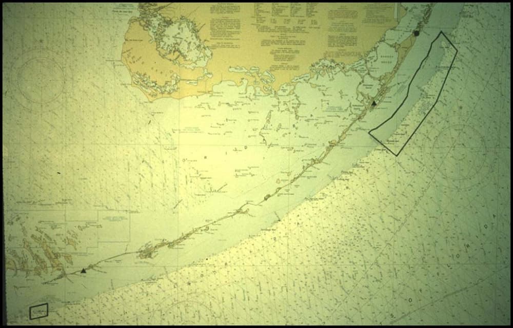 historic map shows the original sanctuaries in the Florida Keys, Key Largo National Marine Sanctuary and Looe Key National Marine Sanctuary