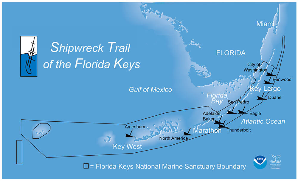 a map of the florida keys highlighting locations of different shipwrecks