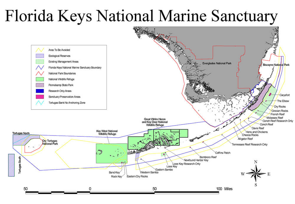 A map of the zone boundries of Florida Keys National Marine Sanctuary