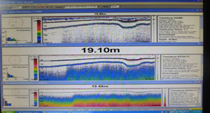 Photo of multibeam sonar rainbow patterns on a screen.