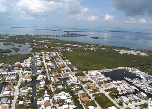 Aerial photo of Keys shorelines at risk by sea level rise.