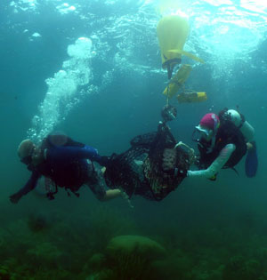 Divers move a large net containing a coral head.